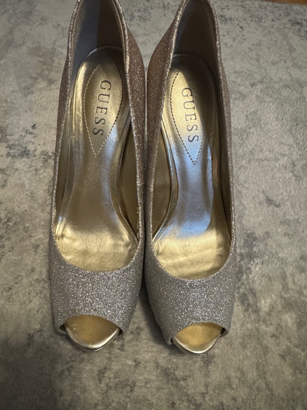 GUESS Glitter Peep-Toe Heels in Rose Gold